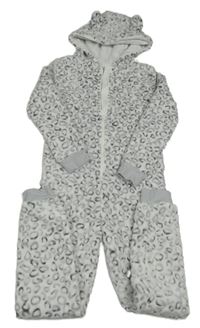 Bílo-šedá plyšová leopardí kombinéza s kapucí F&F
