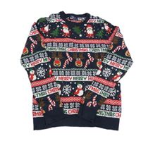 Tmavomodro-červeno-zelený vzorovaný vánoční svetr Next