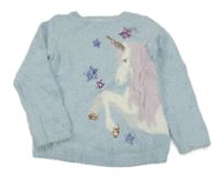 Světlemodrý chlupatý svetr s jednorožcem Monsoon