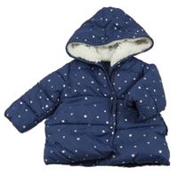 Tmavomodrá šusťáková zimní bunda s hvězdičkami a kapucí 