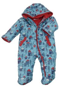Modro-červená šusťáková zimní kombinéza s medvědy a kapucí