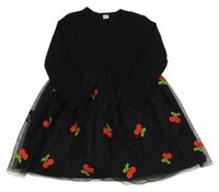 Černé žebrované šaty s tylovou sukní s třešněmi 