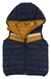 Tmavomodro-hnědá šusťáková prošívaná zateplená vesta s kapucí 