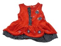 Červené sametové šaty s beruškami a tmavomodrým volánkem 