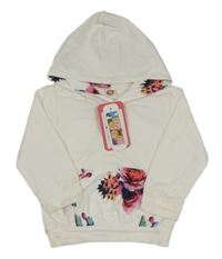 Nové - bílá lehká mikina s květovanou kapsou a kapucí