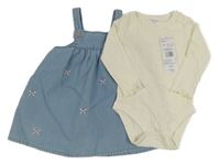 Nové - 2 set - smetanové žebrované body + modré laclové riflové šaty s výšivkami F&F