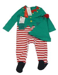 2set - Zeleno-bílo-červený pruhovaný overal + čepice - vánoční elf F&F