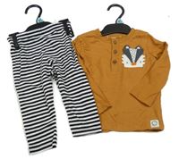 Nové - 2set - Okrové triko s jezevcem + černo-bílé pruhované lehké tepláky F&F