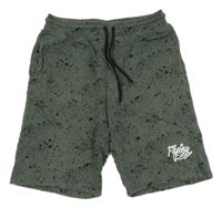 Khaki-černé teplákové kraťasy s fleky a nápisem H&M