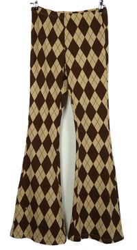 Dámské hnědo-béžové kárované pletené zvonové kalhoty Shein 