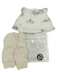 3set- bílá bavlněná čepice s medvídkem Pú+ 2x béžové rukavice