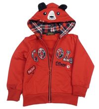 Červená propínací mikina s nápisem a kapucí- medvěd