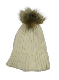 Smetanová žebrovaná čepice s bambulí PRIMARK