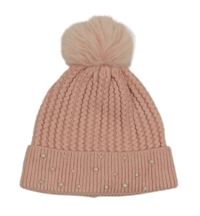 Světlerůžová žebrovaná úpletová čepice s perlami a bambulí Topolino
