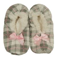 Bílo-šedo-růžové kostkované plyšové zateplené bačkory s mašlemi 