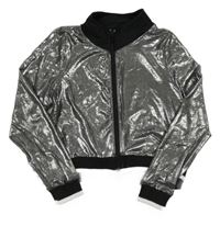 Stříbrno-černá propínací crop třpytivá síťovinová mikina 