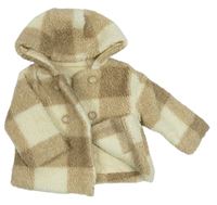 Smetnaovo-béžová kostkovaná huňatá zateplená bunda s kapucí Nutmeg