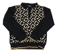 Černo-béžovo-bílý vzorovaný svetr s límečkem 