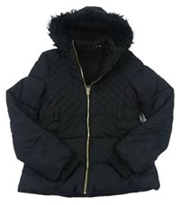 Černá prošívaná šusťáková zimní bunda s kapucí s kožešinou Tammy