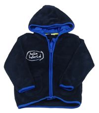 Tmavomodrá plyšová bunda s nápisy a kapucí lupilu