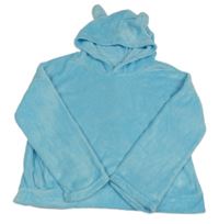 Azurová oversize crop plyšová mikina s kapucí s oušky