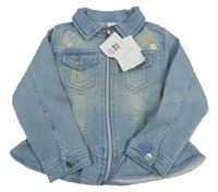 Nové - světlemodrá tepláková riflová bunda se sluníčkem a motýlky a duhou a límečkem Topomini