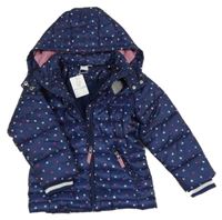 Nové - tmavomodrá prošívaná šusťáková zimní bunda s barevnými srdíčky a kapucí MANGUUN