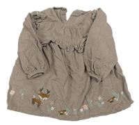 Světlehnědé manšestrové šaty se sobem a ptáčky a volánky Matalan