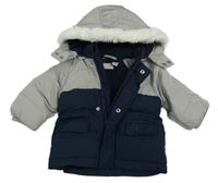 Šedo-tmavomodrá prošívaná šusťáková zimní bunda s odepínací kapucí s kožešinou Chicco