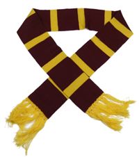 Tmavovínovo/žlutá pruhovaná pletená fotbalová šála s třásněmi - na fandění