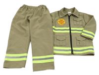 Kostým - 2Set - Šedobéžovo-neozeleně zelená bunda se znakem a límečkem + kalhoty - hasič