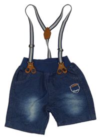 Modré teplákové riflové kraťasy se znakem s číslem a nápisy a kšandami