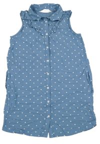 Modré plátěné propínací košilové šaty se srdíčky a volánky H&M