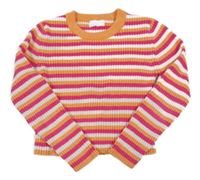 Oranžovo-malinovo-smetanový pruhovaný žebrovaný žinylkový crop svetr PRIMARK