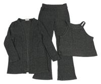 3set - Antracitový žebrovaný úpletový crop top + kalhoty + cardigan Matalan
