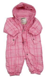 Růžovo-bílá kostkovaná šusťáková zimní kombinéza s kapucí