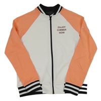 Bílo-korálová propínací mikina s nápisem