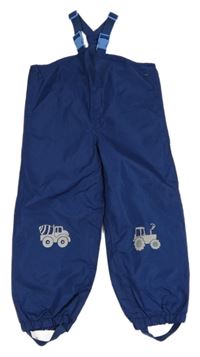 Tmavomodré šusťákové podšité laclové kalhoty s traktorem a mixem betonu Pocopiano