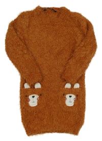 Hnědé třpytivé chlupaté svetrové šaty s kapsami s medvědy George