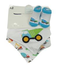 Nové - 3set - bílý slinták s dumperem + se stavebními stroji + bílé ponožky s mixem betonu