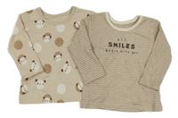 2x triko - béžové puntíkaté s medvědy + hnědo-béžové pruhované s nápisem George
