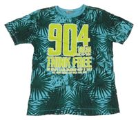 Modro-zelené tričko s listy a číslem Yigga