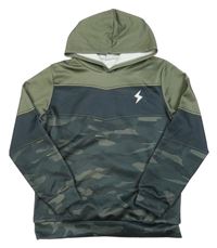 Khaki-tmavošedá army mikina s bleskem a kapucí