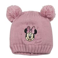 Růžová pletená zateplená čepice s Minnie a bambulemi Disney