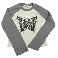 Bílo-šedé žebrované crop triko s motýlkem H&M