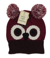 Nové - Vínová pletená čepice s očima a bambulemi 