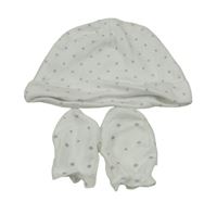 2 set - bílá čepice s modrými hvězdičkami + rukavice George