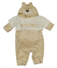 Kostým - Béžovo-bílá plyšová kombinéza s kapucí - medvěd 