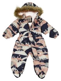 Tmavomodro-bílo-růžová šusťáková zimní kombinéza s obrázky a kapucí s kožešinou sinsay