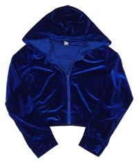 Safírová sametová crop propínací mikina s kapucí Shein